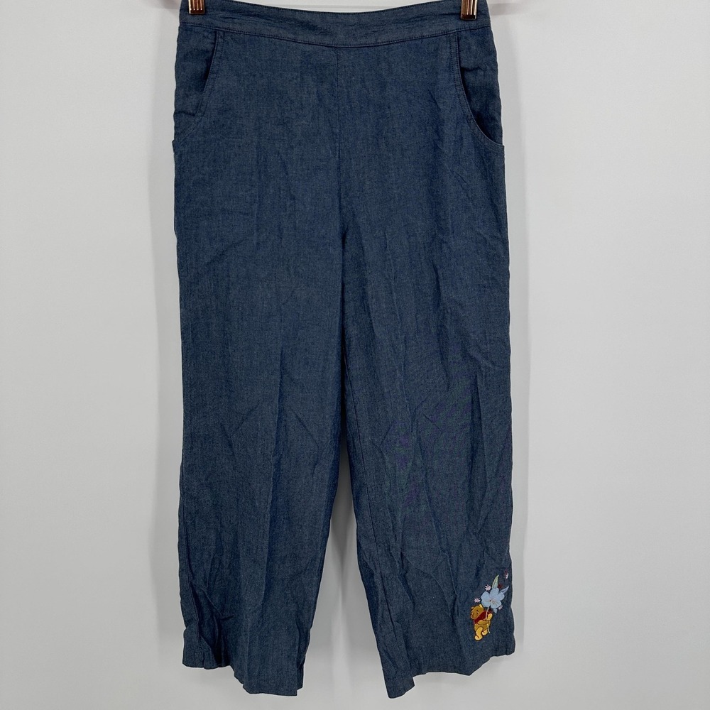 Disney Store Winnie‎ the Pooh Pants Womens Small Blue Embroidered Floral Cotton